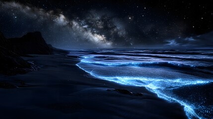 Dark sand beach illuminated by glowing bioluminescent waves under a bright Milky Way