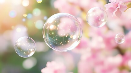 floating bubbles Delicate bubbles floating amidst beautiful pink blossoms, capturing the essence of spring and joy in nature's vibrant colors.