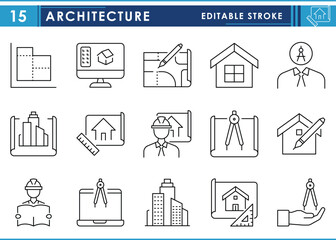 A set of line icons related to Architecture. Engineering, architect, design, blueprint, computer, interior, and so on. Vector editable stroke.