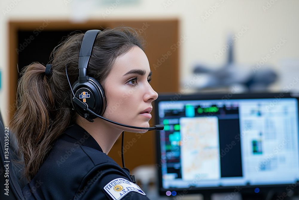 Poster focused female emergency service operator uniform, wearing headset, is engaged her work control cent