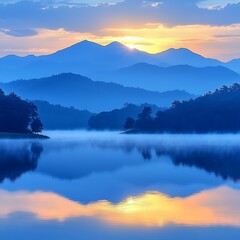 Obraz premium Sunrise Mist over Mountain Lake (1)