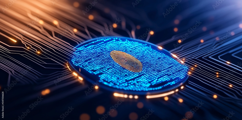 Poster futuristic digital background featuring blue holographic fingerprint circuit board. design conveys s