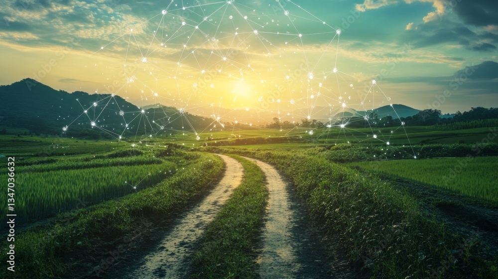 Poster cultivated field with path and digital network at