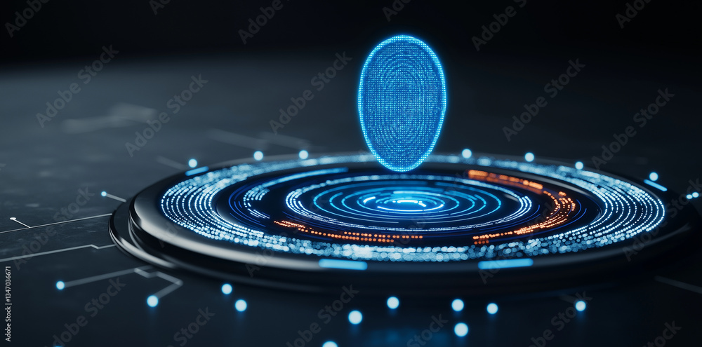 Poster futuristic digital interface with glowing blue hologram above circular platform, showcasing intricat