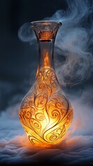 An ornate transparent bottle with an elongated neck, etched details, and glowing liquid. Ethereal smoke swirls at the base, enhancing its mystique