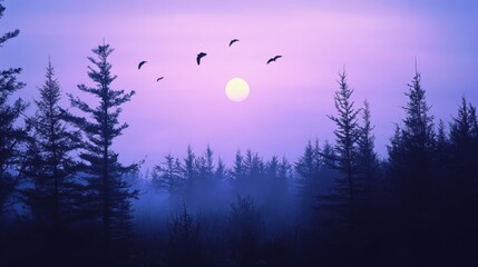 Fototapeta premium forest in dawn with a sky that is going from purple to blue