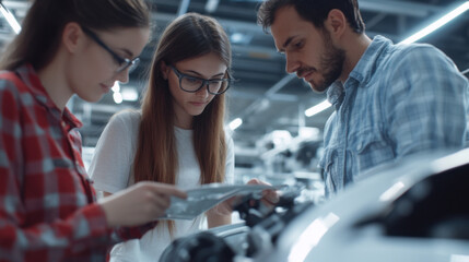 Innovative team collaboration in design studio, focusing on automotive technology. Two individuals analyze document while third observes, showcasing teamwork and creativity