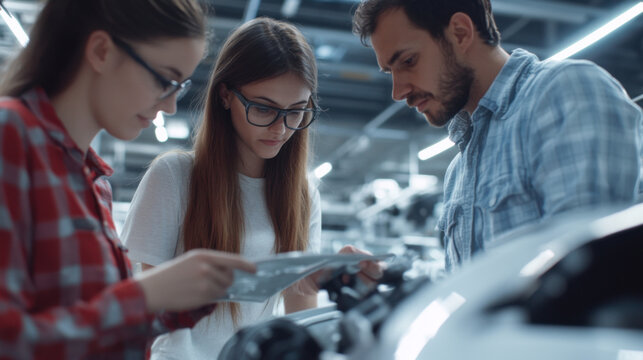 Innovative team collaboration in design studio, focusing on automotive technology. Two individuals analyze document while third observes, showcasing teamwork and creativity