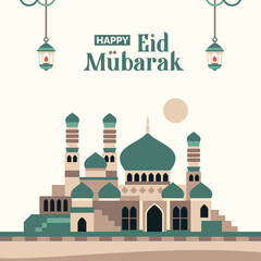 Ramadan greetings with minimalist mosque background in the middle of the desert, Ramadan Kareem, green square poster for Eid al-Fitr