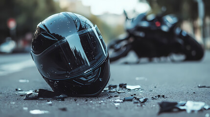 Crash Site: A somber scene of shattered glass and a black helmet lying on the road, with a motorcycle in the blurred background, evoking a sense of urgency and caution