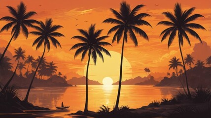 A dreamy sunset view with silhouettes of palm trees.

