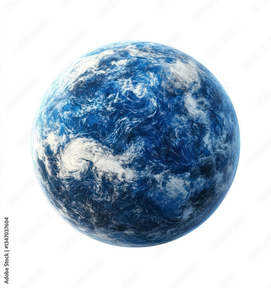 Poster realistic earth globe showing oceans and clouds isolated on white background