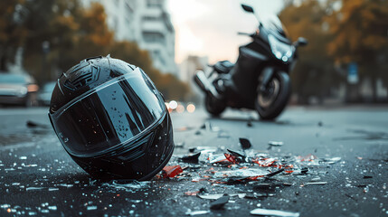 Aftermath of an Accident: A close-up view reveals the aftermath of a motorcycle collision, depicting a shattered helmet, motorcycle, and scattered debris on the asphalt road