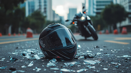 Road Mishap: A motorcycle helmet lies amidst scattered glass, conveying the aftermath of a road accident, with a motorcycle receding in the blurred background.