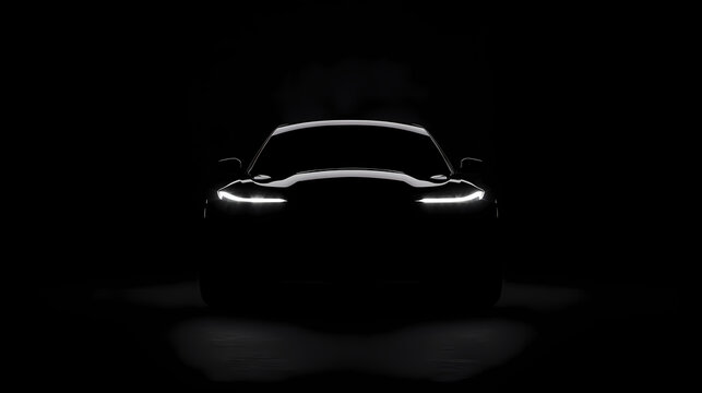 Illuminated Car Silhouette: A sleek vehicle emerges from the shadows, its headlights piercing the darkness, creating a dramatic and mysterious scene.