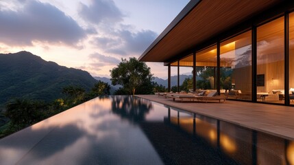 Obraz premium Luxurious modern home with stunning infinity pool overlooking majestic mountain vista at sunset, captured in exquisite 3-giixel high fidelity detail