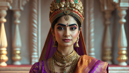 Obraz premium Elegant woman in traditional attire poses at a cultural event showcasing artistry during a vibrant celebration in India