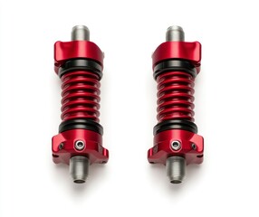 Examining Two Red Metal Spring Dampers Isolated on White Backdrop