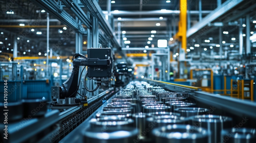 Poster robotic arm working over assembly line in modern