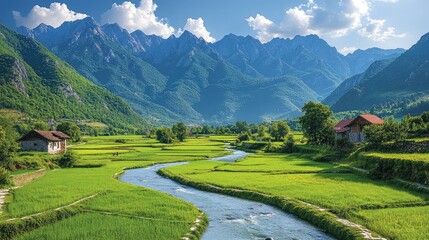 Obraz premium River valley, mountain landscape, rural homes, rice paddies, travel poster