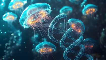 Ethereal Jellyfish Swimming in Dark Ocean with DNA Strand Concept