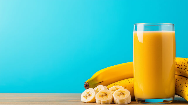refreshing smoothie made with ripe bananas and milk, served clear glass, evokes sense of vitality and health. vibrant yellow color of drink complements fresh bananas beside it, creating inviting