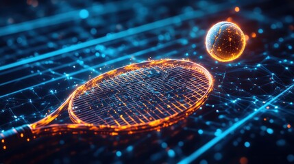 Digital Tennis Racket Hitting Ball, Network Background