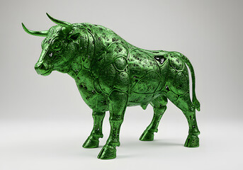 Fototapeta premium Metallic Green Bull Sculpture – Icon of Financial Strength and Market Optimism