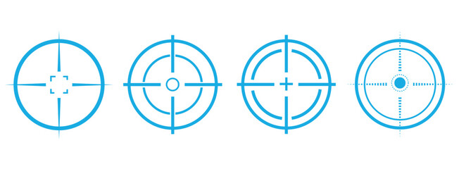 Crosshair, blue gun sight vector icons. Bullseye, red target or aim symbol. Military rifle scope, shooting mark sign. Targeting, aiming for a shot.  © Franco