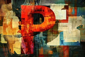 Fototapeta premium Abstract Art Painting Letter P, Red Orange Texture, Collage Style