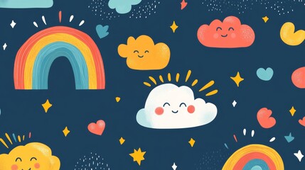 Art Whimsical Cartoon Scene Sun Background Rainbows