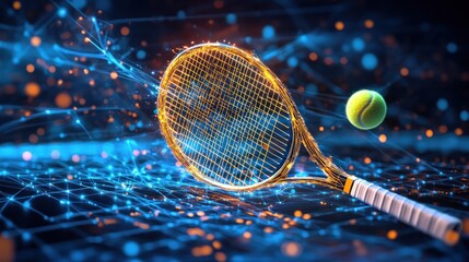 Tennis racket hitting a ball, digital network background