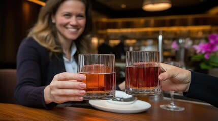Two friends clinking glasses filled with vibrant drinks, celebrating a joyful moment together in a cozy restaurant setting.