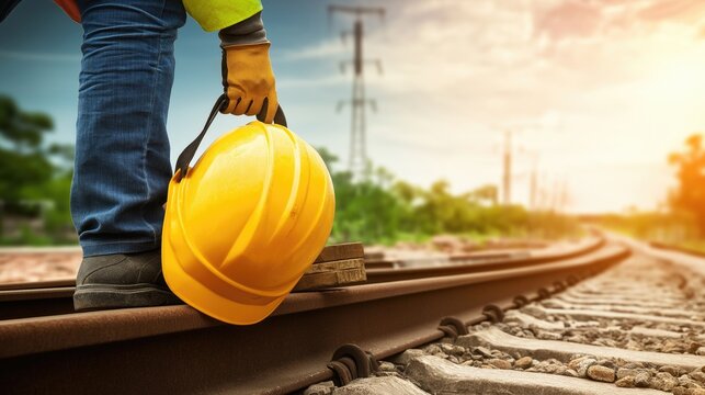 A construction worker in safety gear holding a yellow hard hat, standing on railway tracks during sunset, symbolizing dedication and safety in the workplace.