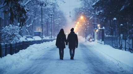 Couple Holding Hands While Walking Down a Snowy Street