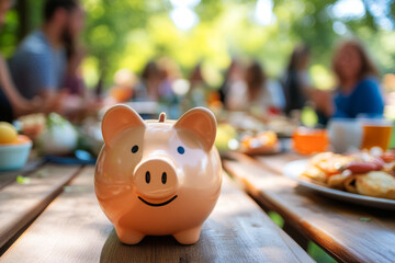 Obraz premium Happy Piggy Bank on a Table Surrounded by People Enjoying a Spring Outdoor Gathering