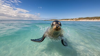 Australian sea lion emerging from turquoise water. (1)