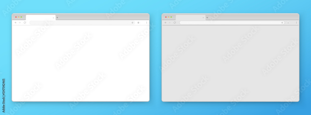 Poster a set of browser window in white and gray on a blue background. website layout with search bar, tool