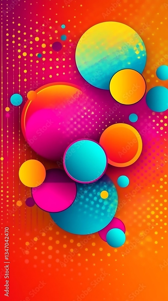 Poster vibrant geometric abstraction with layered circles and halftone background