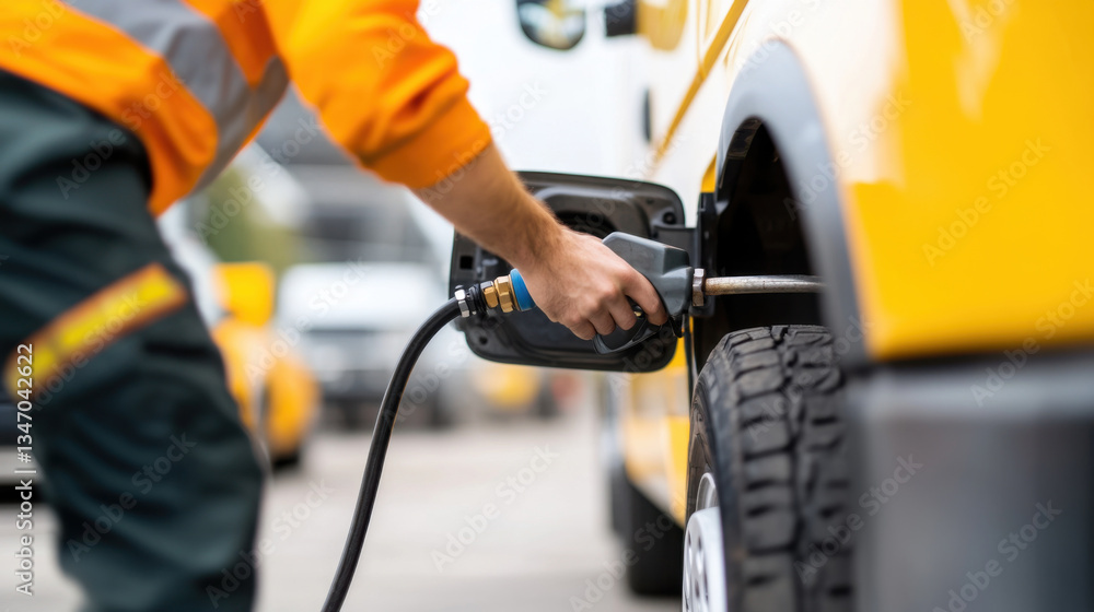 Poster technician is using tire inflator to fill vehicle tire with air, showcasing focus on vehicle mainten