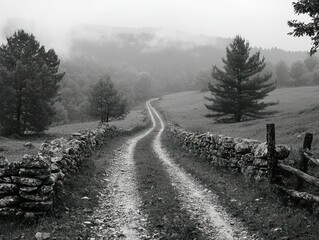 Misty mountain road winds through stone walls.