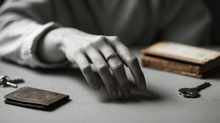 Fototapeta premium Hand reaching for keys and wallet on a table with vintage books in a softly lit indoor setting