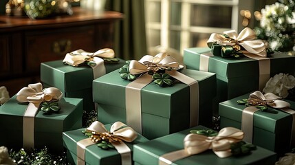Green gift boxes beautifully decorated with ribbon bows and embellishments