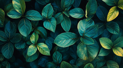 A textured botanical background of vibrant green leaves creates a lush, organic pattern.