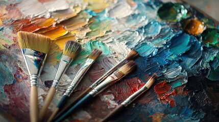 Obraz premium Several paint brushes resting on an artistic palette with color