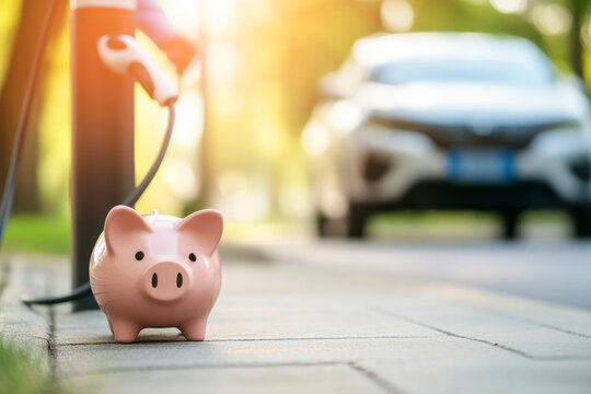 Pink Piggy Bank Near Electric Car Charging Station in Bright Urban Setting - Powered by Adobe