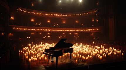 Grand piano illuminating concert hall with