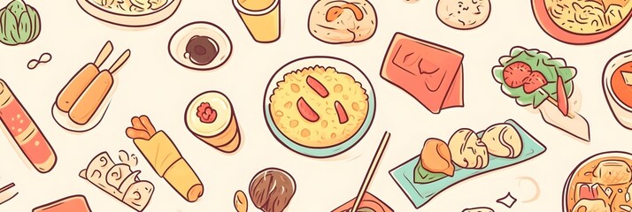 Colorful and diverse assortment of delicious food items arranged artistically on a light background