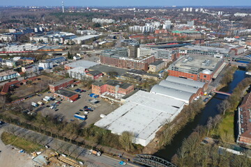 Hamburg Bergedorf . Baugebiet Stuhlrohrquartier südlich Bergedorfer Tor und östlich Schleusengraben am Sander Damm und der Stuhlrohrstraße aus der Luft.