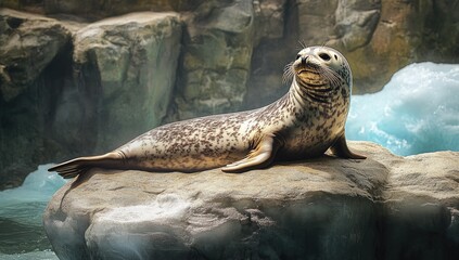 Obraz premium Harbor Seal resting on a rock